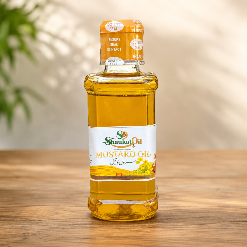 Shaukat 200ml sarson ka tel bottle, cold-pressed mustard oil