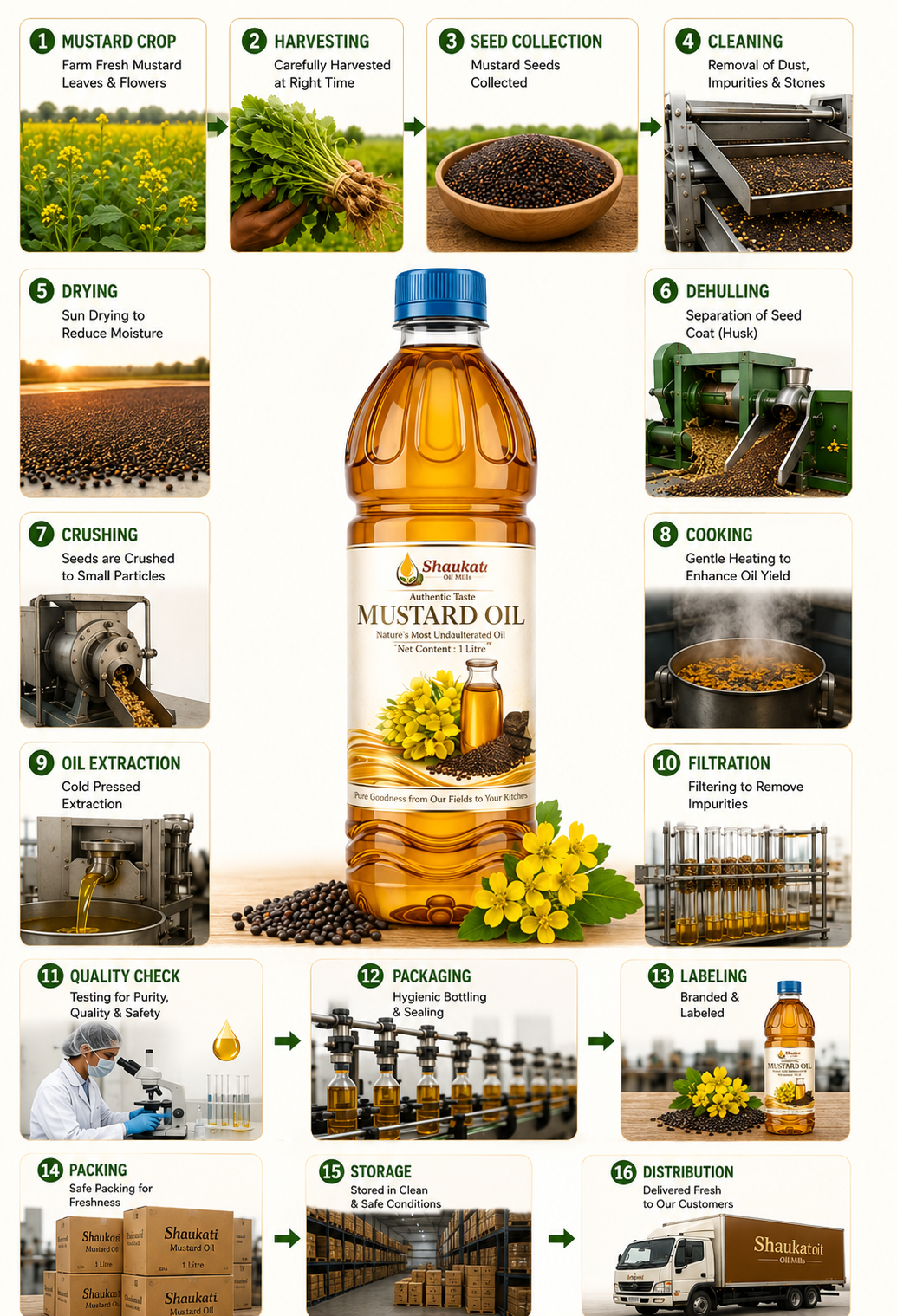 Mustard oil manufacturing process showing seed cleaning, oil extraction, filtration, and packaging.