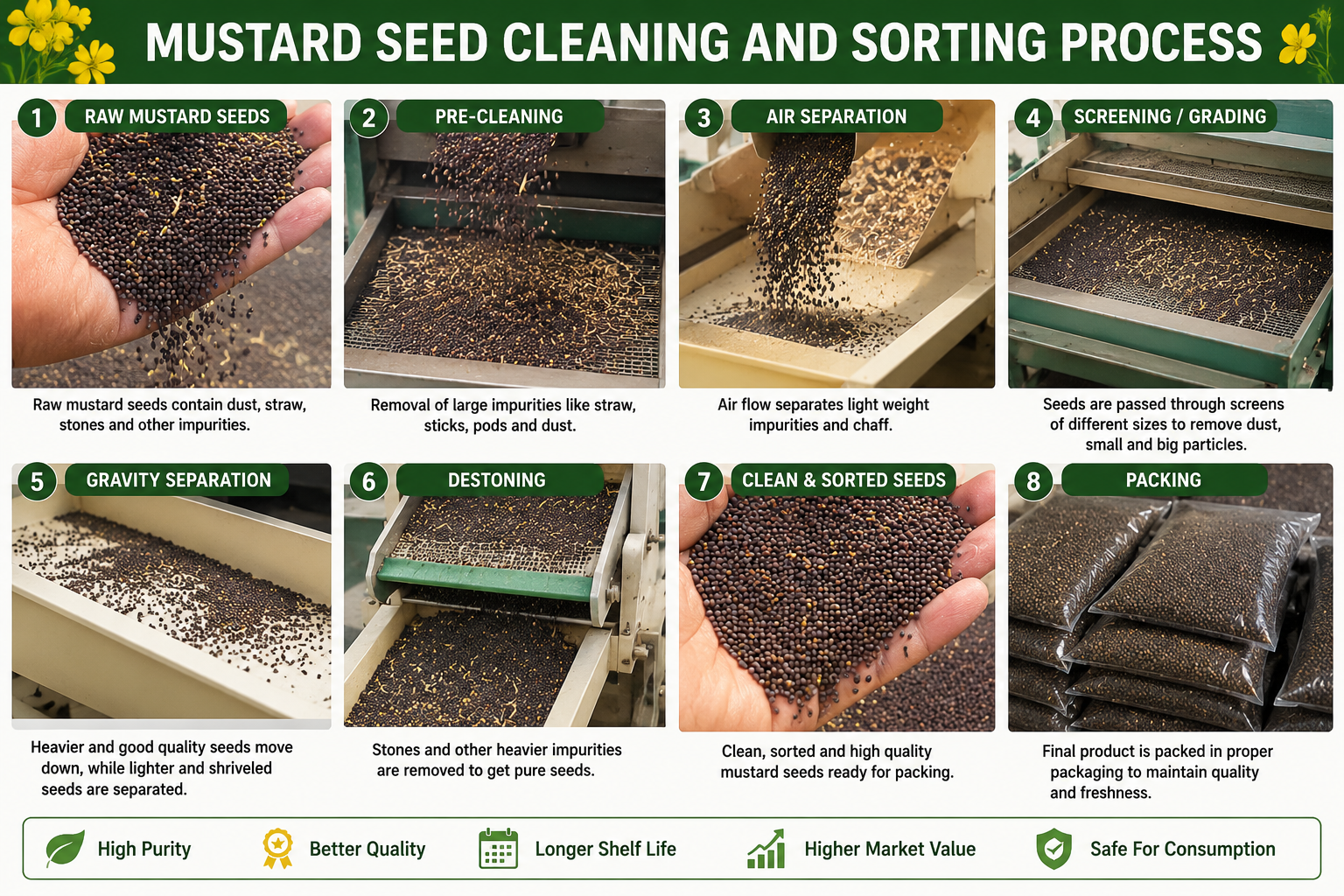 Mustard seed cleaning and sorting process