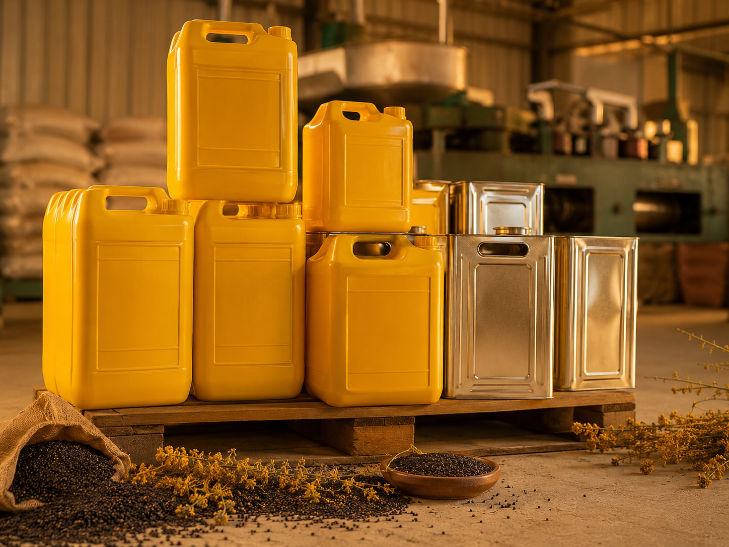 Bulk mustard oil cans and tins at the Rustam mill, ready for wholesale delivery
